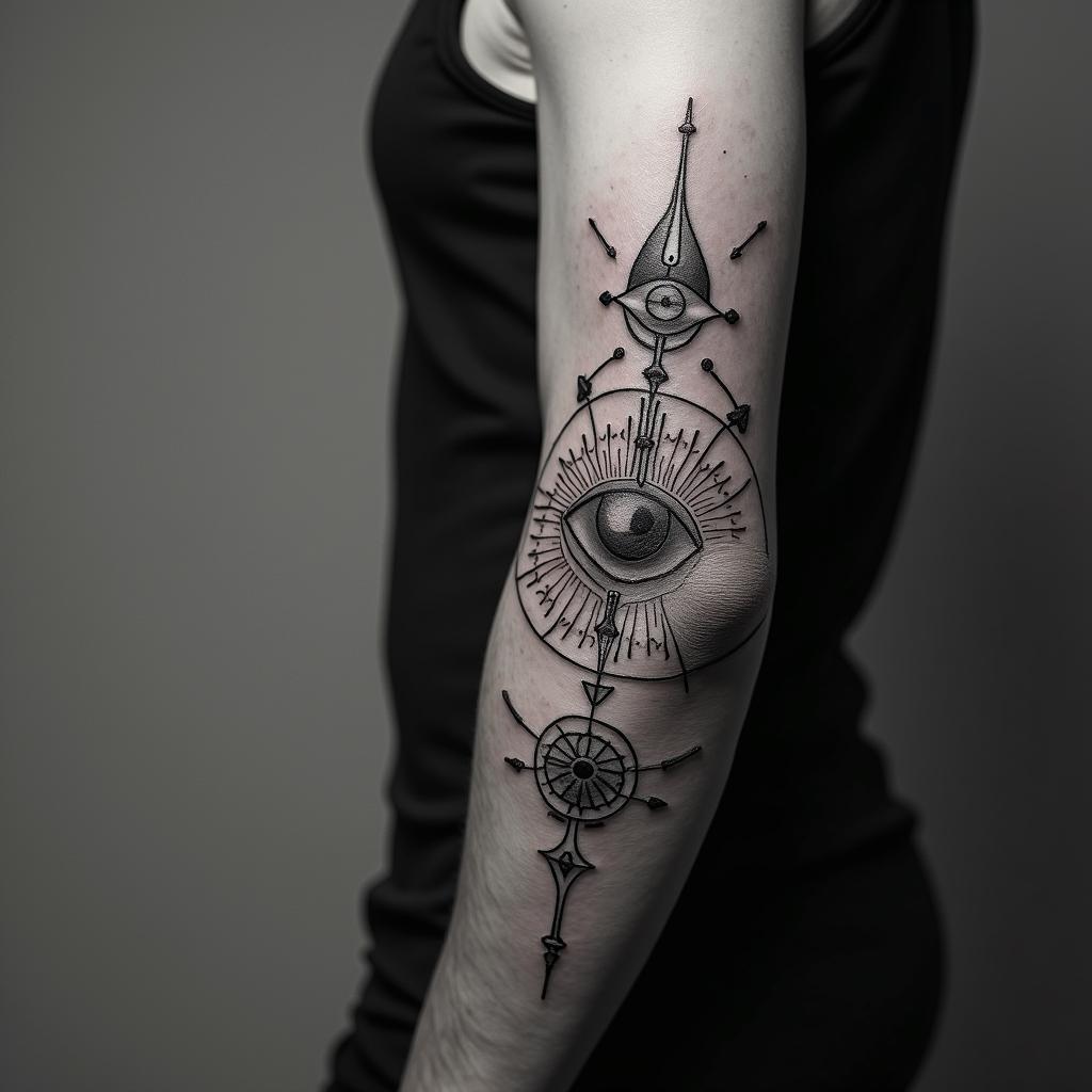 Directionin spiritual symbols tattoo style, featuring an intricate design incorporating elements, Hamsa hand, third eye, minimalist composition