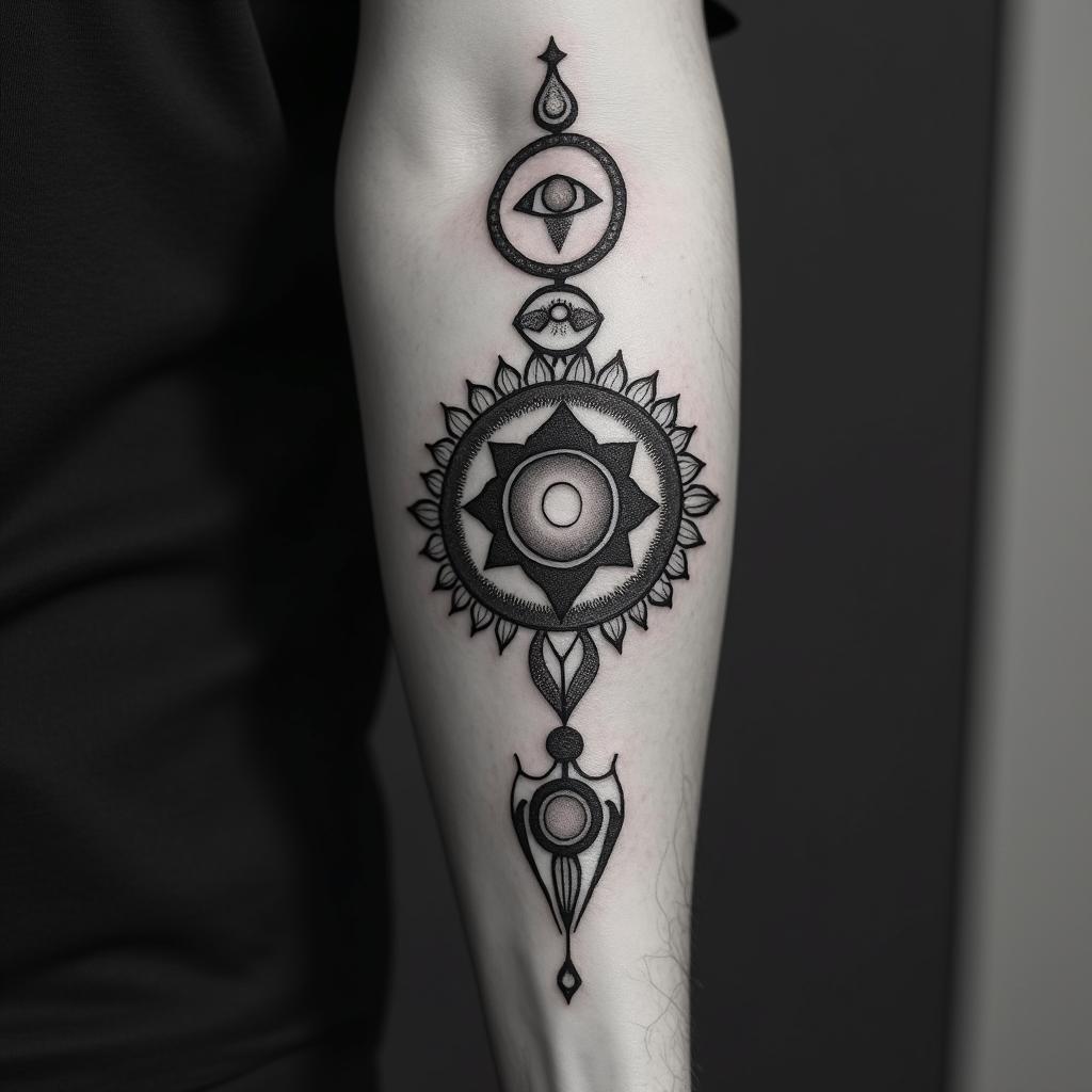 Directionin spiritual symbols tattoo style, featuring an intricate design incorporating elements, Hamsa hand, third eye, minimalist composition - Variation 4