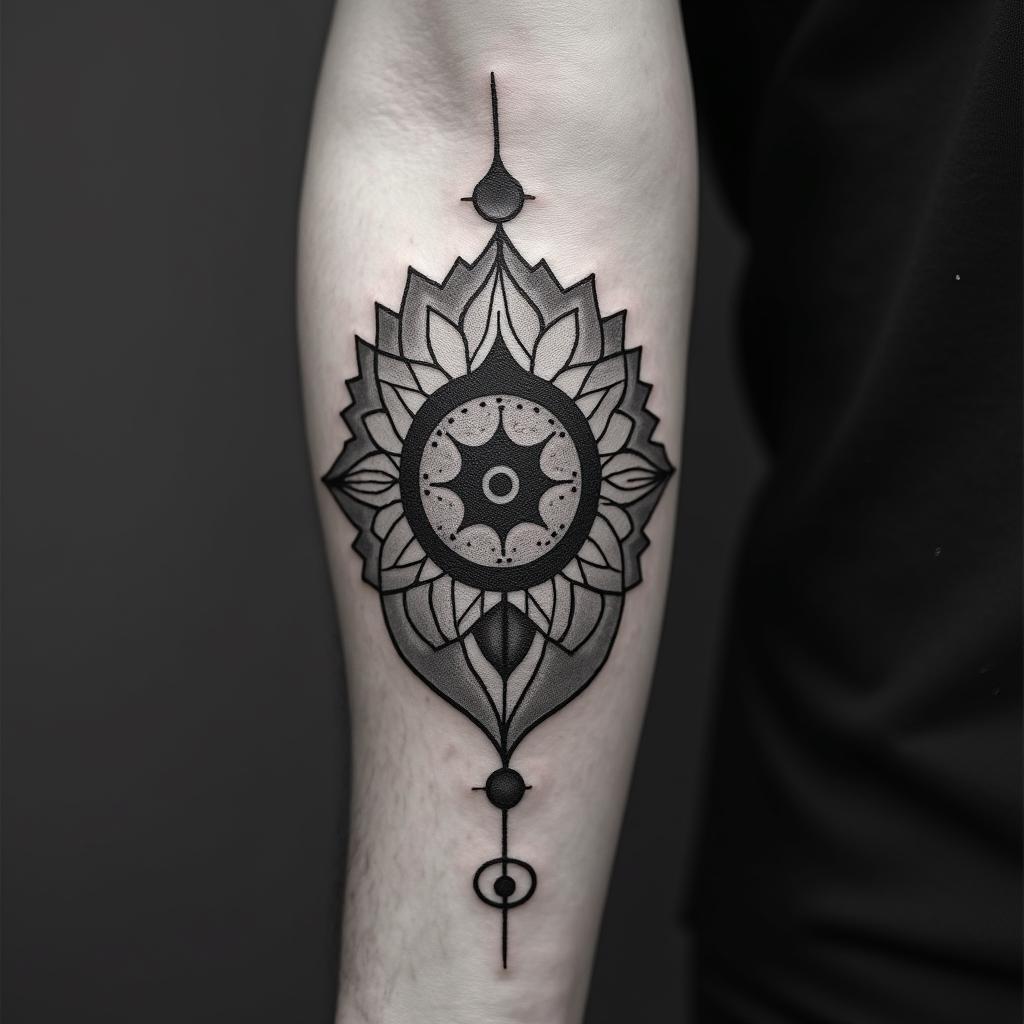 Directionin spiritual symbols tattoo style, featuring an intricate design incorporating elements, Hamsa hand, third eye, minimalist composition - Variation 3