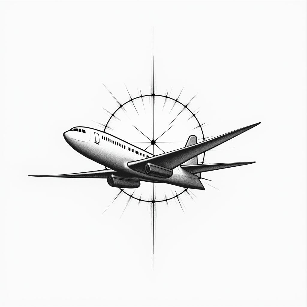 Pilot world travel excitingin minimalist style tattoo, featuring simple shapes and fine lines, with minimal shading and details, tiny triangles, creating a sense of balance and harmony - Variation 6