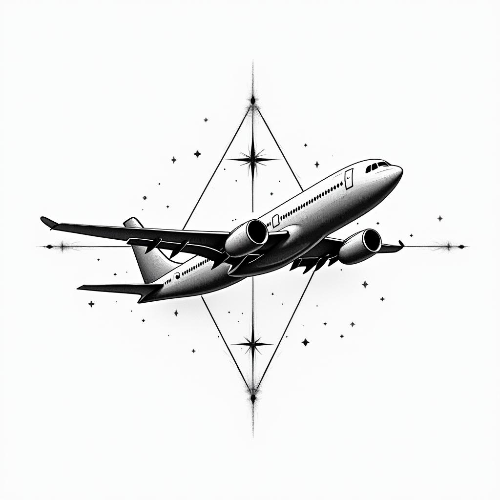 Pilot world travel excitingin minimalist style tattoo, featuring simple shapes and fine lines, with minimal shading and details, tiny triangles, creating a sense of balance and harmony - Variation 4