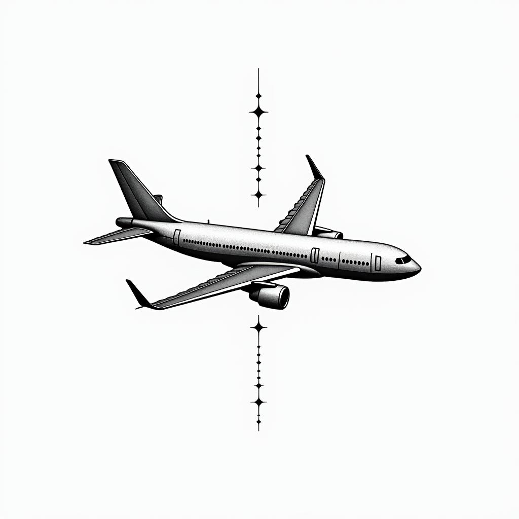 Pilot world travel excitingin minimalist style tattoo, featuring simple shapes and fine lines, with minimal shading and details, tiny triangles, creating a sense of balance and harmony
