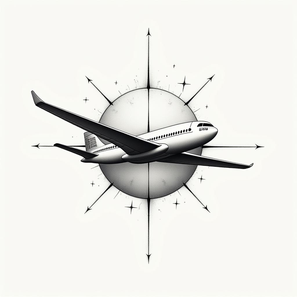 Pilot world travel excitingin minimalist style tattoo, featuring simple shapes and fine lines, with minimal shading and details, tiny triangles, creating a sense of balance and harmony - Variation 3