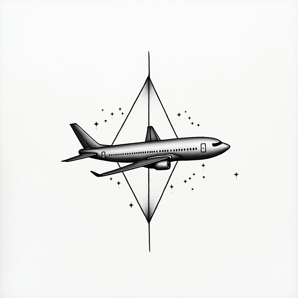 Pilot world travel excitingin minimalist style tattoo, featuring simple shapes and fine lines, with minimal shading and details, tiny triangles, creating a sense of balance and harmony - Variation 2