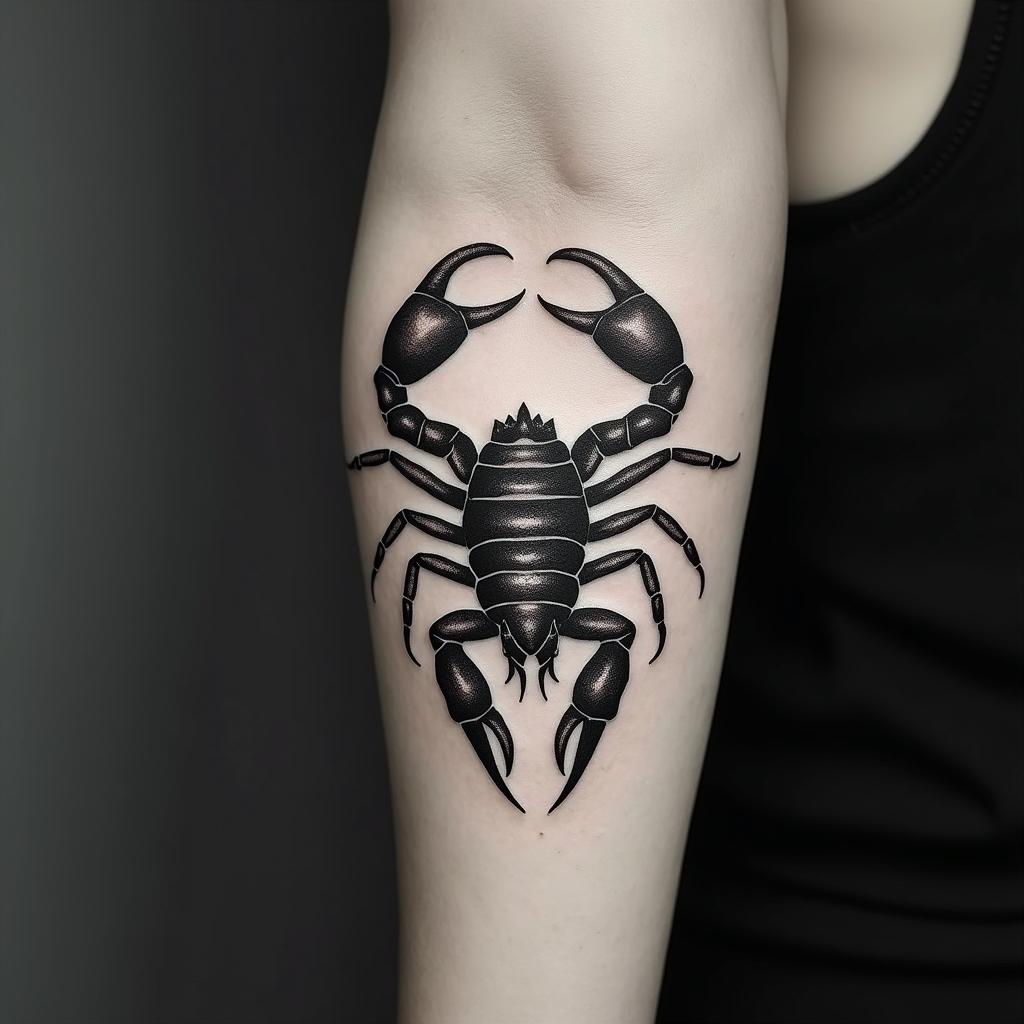 Scorpion with sharp, detailed clawstext-based tattoo, gothic font ultra-realistic, perfectly placed, high-quality font design, photo-realistic shading, 8k, high quality, finely detailed typography