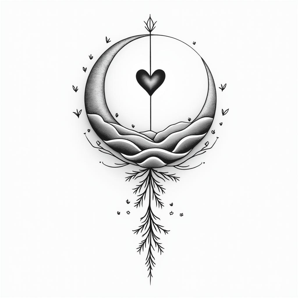 Geminiin Modest style tattoo, featuring soft, delicate line work with simple and meaningful symbols, gentle waves, a heart, evoking a sense of serenity and grace,