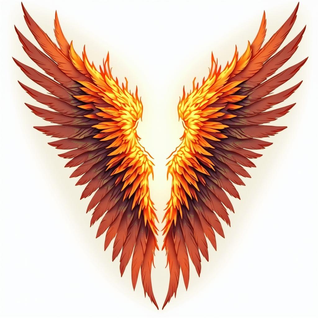 Angel wings with detailed feathersin flame tattoo style showcasing fiery elements with dynamic flame patterns, glowing effect of flames, natural colors - Variation 4