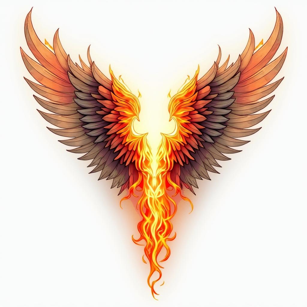 Angel wings with detailed feathersin flame tattoo style showcasing fiery elements with dynamic flame patterns, glowing effect of flames, natural colors - Variation 2