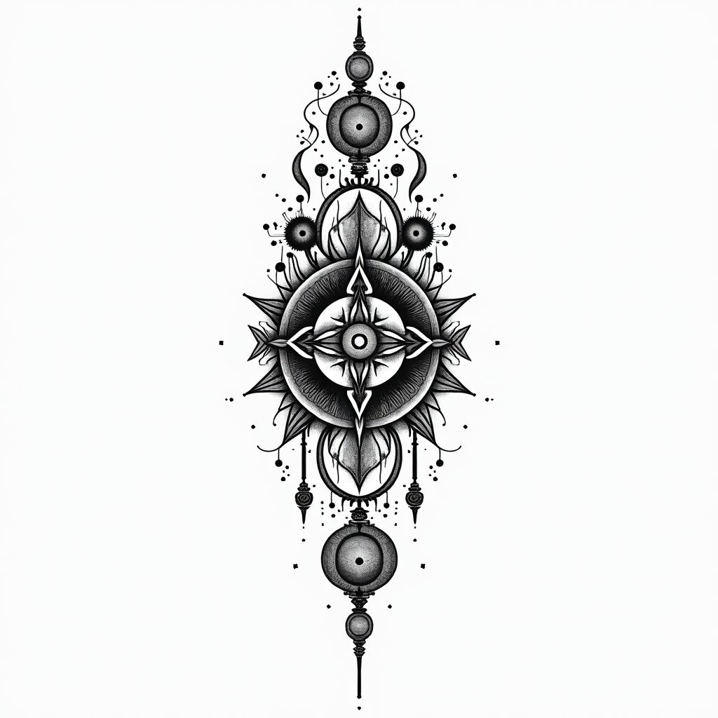 Lovein spiritual symbols tattoo style, featuring an intricate design incorporating elements, Hamsa hand, third eye, minimalist composition