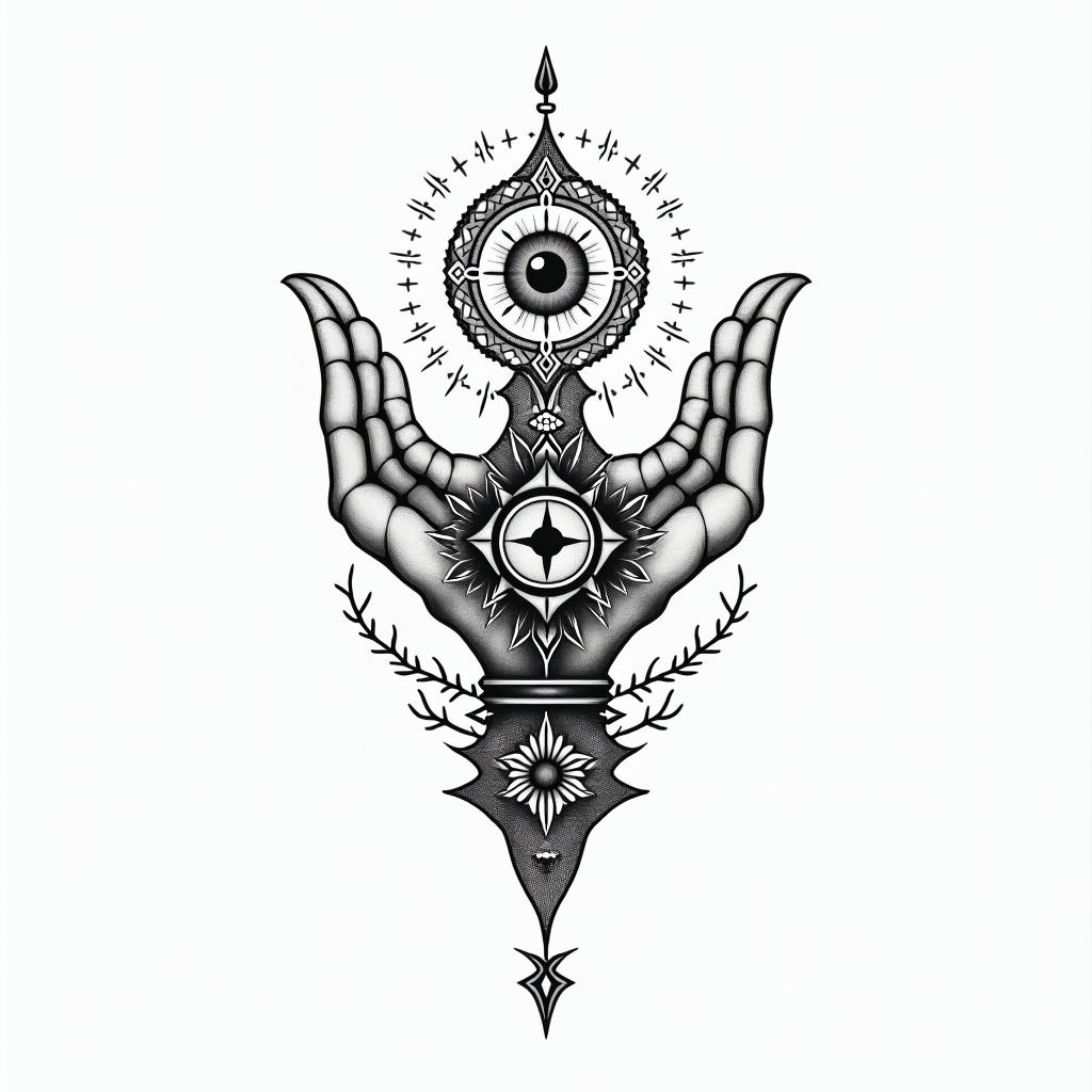 Lovein spiritual symbols tattoo style, featuring an intricate design incorporating elements, Hamsa hand, third eye, minimalist composition - Variation 4