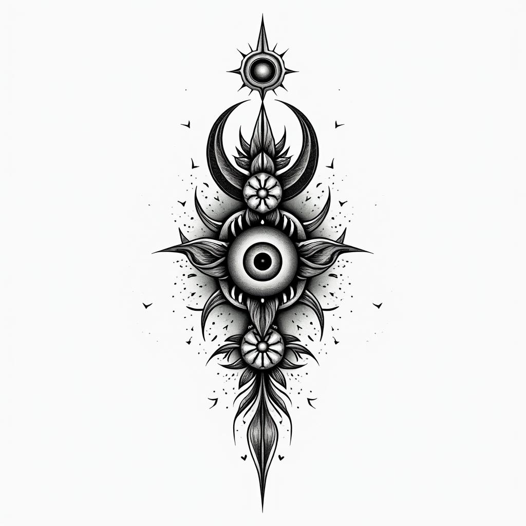 Lovein spiritual symbols tattoo style, featuring an intricate design incorporating elements, Hamsa hand, third eye, minimalist composition - Variation 2