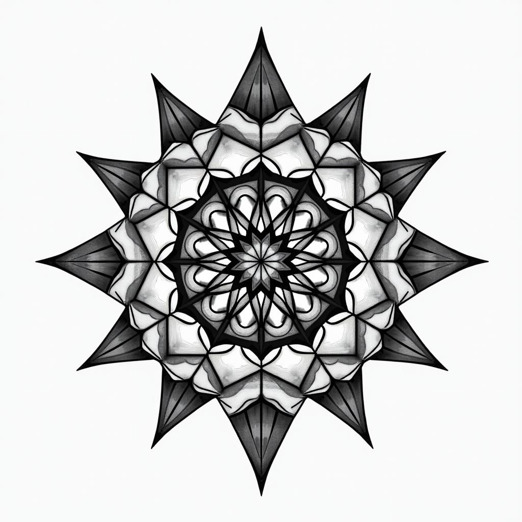 Gemini in geometric style tattoo, blending hexagons, mandala-inspired patterns, symmetrical and fractal design, clean lines, sharp angles - Variation 4