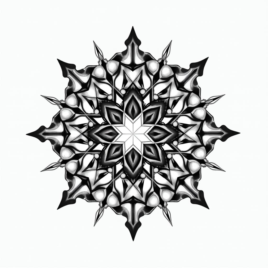 Gemini in geometric style tattoo, blending hexagons, mandala-inspired patterns, symmetrical and fractal design, clean lines, sharp angles - Variation 3