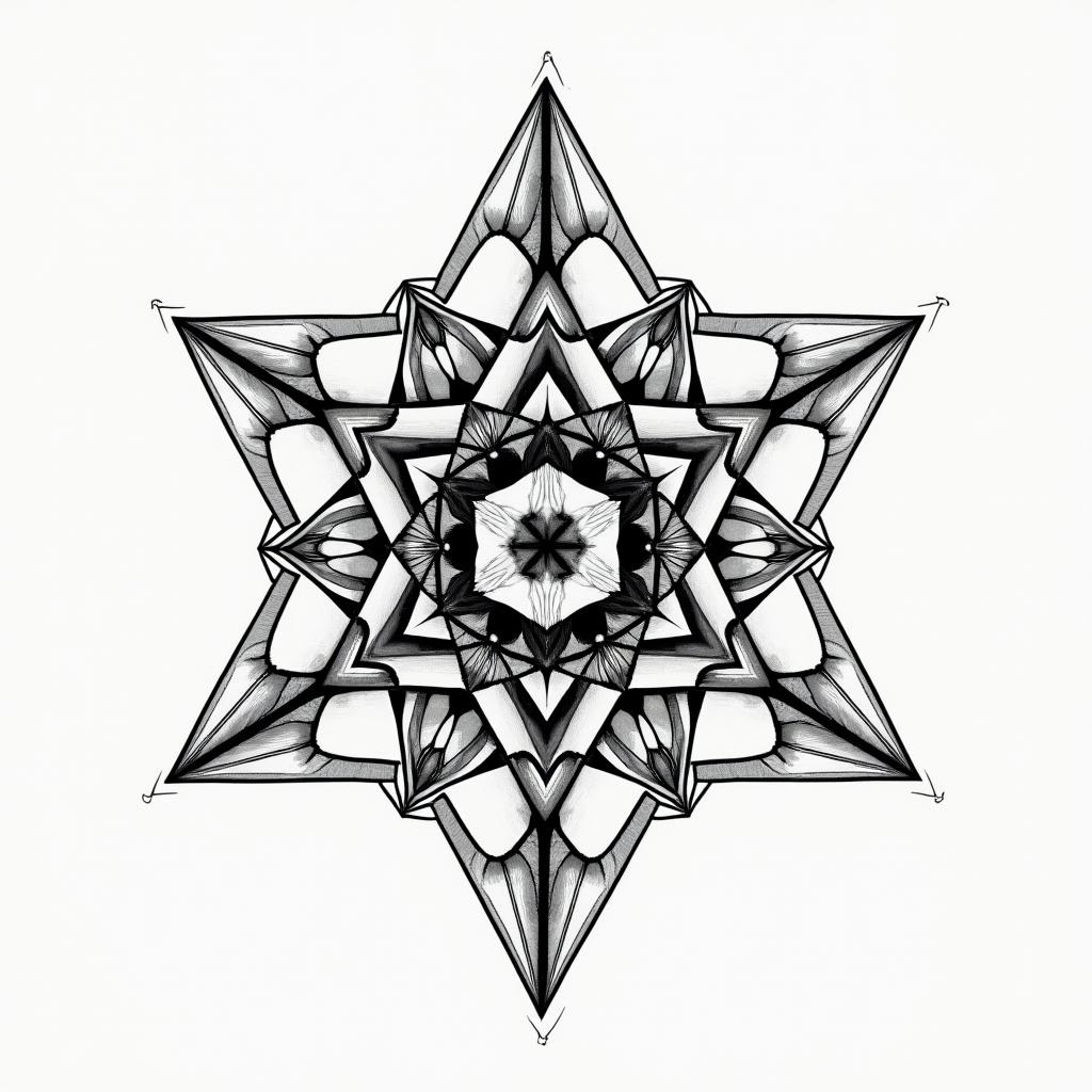 Gemini in geometric style tattoo, blending hexagons, mandala-inspired patterns, symmetrical and fractal design, clean lines, sharp angles