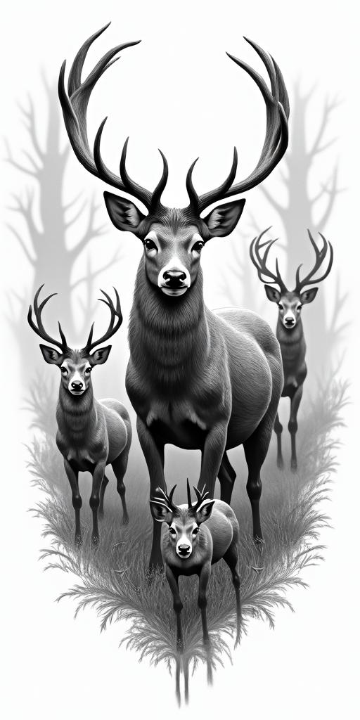 Deer family in the woodsin realism tattoo style, featuring a highly detailed, lifelike, capturing every detail, photorealistic, ultra realistic, intricate shading, smooth and sharp, - Variation 4