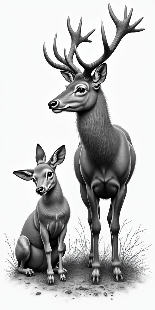 Deer family in the woodsin realism tattoo style, featuring a highly detailed, lifelike, capturing every detail, photorealistic, ultra realistic, intricate shading, smooth and sharp,  