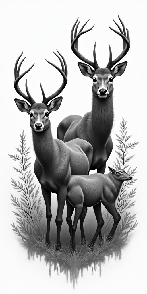 Deer family in the woodsin realism tattoo style, featuring a highly detailed, lifelike, capturing every detail, photorealistic, ultra realistic, intricate shading, smooth and sharp, - Variation 2