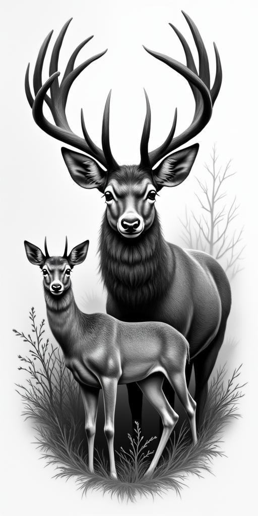 Deer family in the woodsin realism tattoo style, featuring a highly detailed, lifelike, capturing every detail, photorealistic, ultra realistic, intricate shading, smooth and sharp, - Variation 3