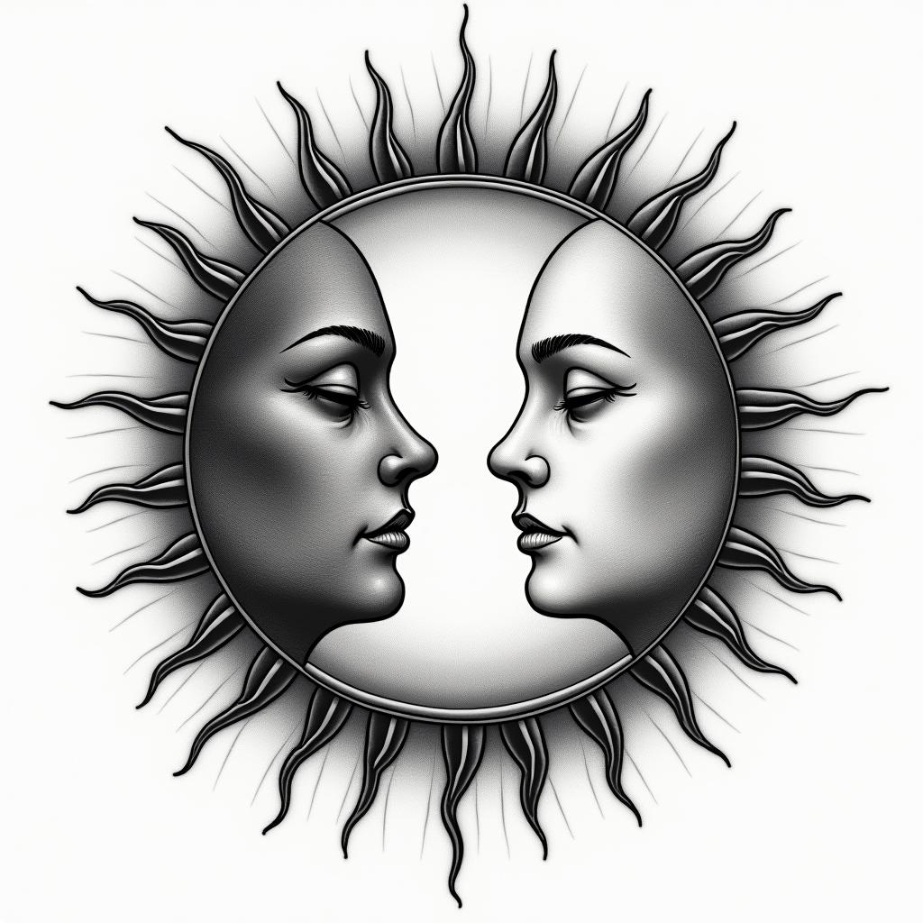 Sun and moon intertwined, glowingtext-based tattoo, japanese font ultra-realistic, perfectly placed, high-quality font design, photo-realistic shading, 8k, high quality, finely detailed typograph - Variation 3