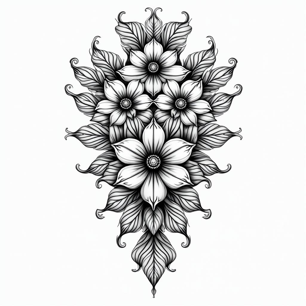 Geminiin ornamental tattoo style, featuring intricate symmetrical patterns and floral designs, showcasing highly detailed line work and geometric shapes, creating a sense of elegance and balance - Variation 4