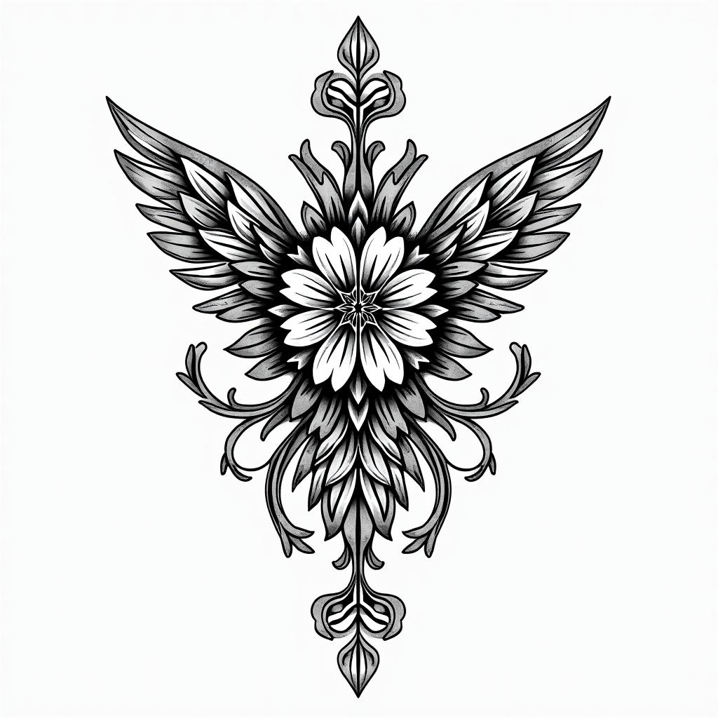 Geminiin ornamental tattoo style, featuring intricate symmetrical patterns and floral designs, showcasing highly detailed line work and geometric shapes, creating a sense of elegance and balance