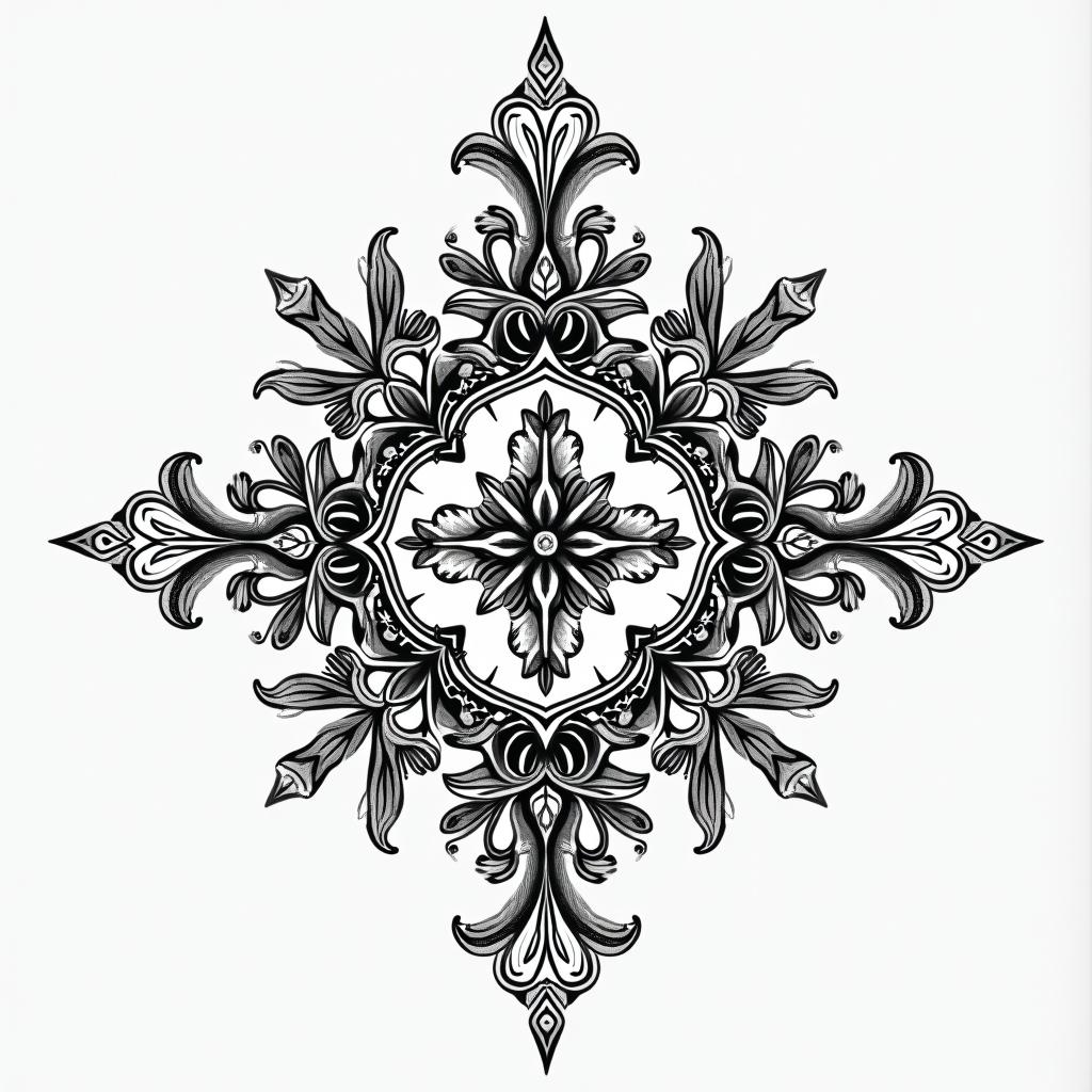 Geminiin ornamental tattoo style, featuring intricate symmetrical patterns and floral designs, showcasing highly detailed line work and geometric shapes, creating a sense of elegance and balance - Variation 2