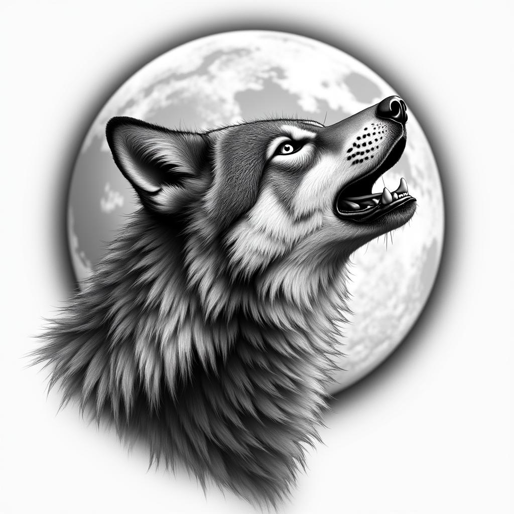 Howling wolf under a full moonin realism tattoo style, featuring a highly detailed, lifelike, capturing every detail, photorealistic, ultra realistic, intricate shading, smooth and sharp, - Variation 2