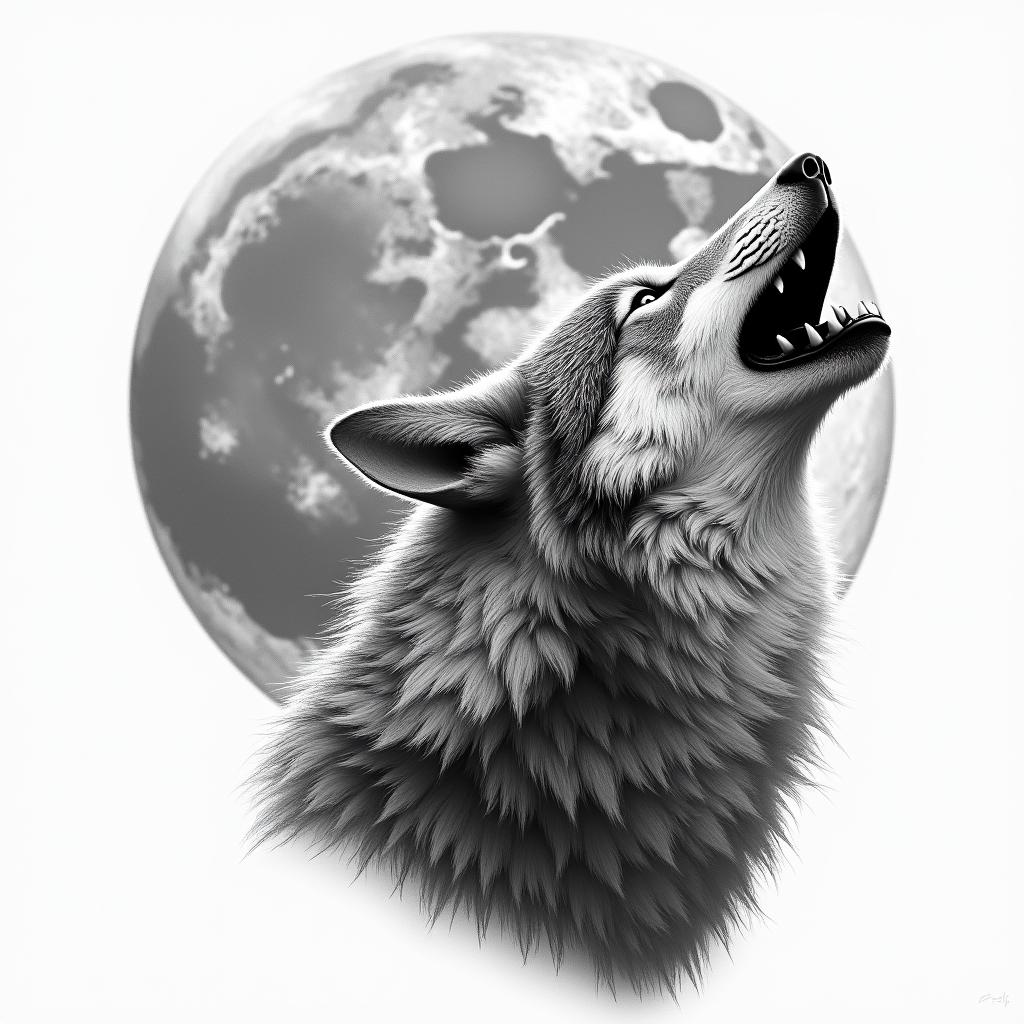 Howling wolf under a full moonin realism tattoo style, featuring a highly detailed, lifelike, capturing every detail, photorealistic, ultra realistic, intricate shading, smooth and sharp, - Variation 4