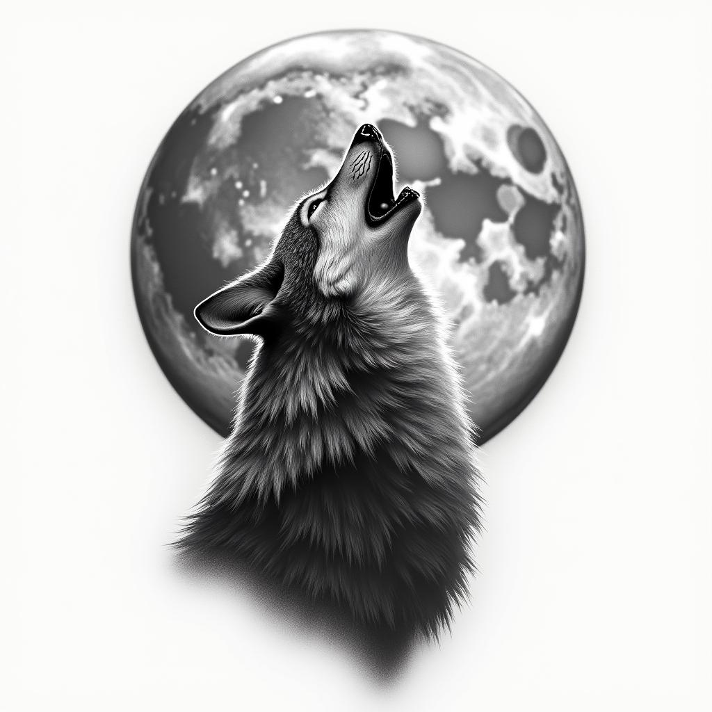 Howling wolf under a full moonin realism tattoo style, featuring a highly detailed, lifelike, capturing every detail, photorealistic, ultra realistic, intricate shading, smooth and sharp,
