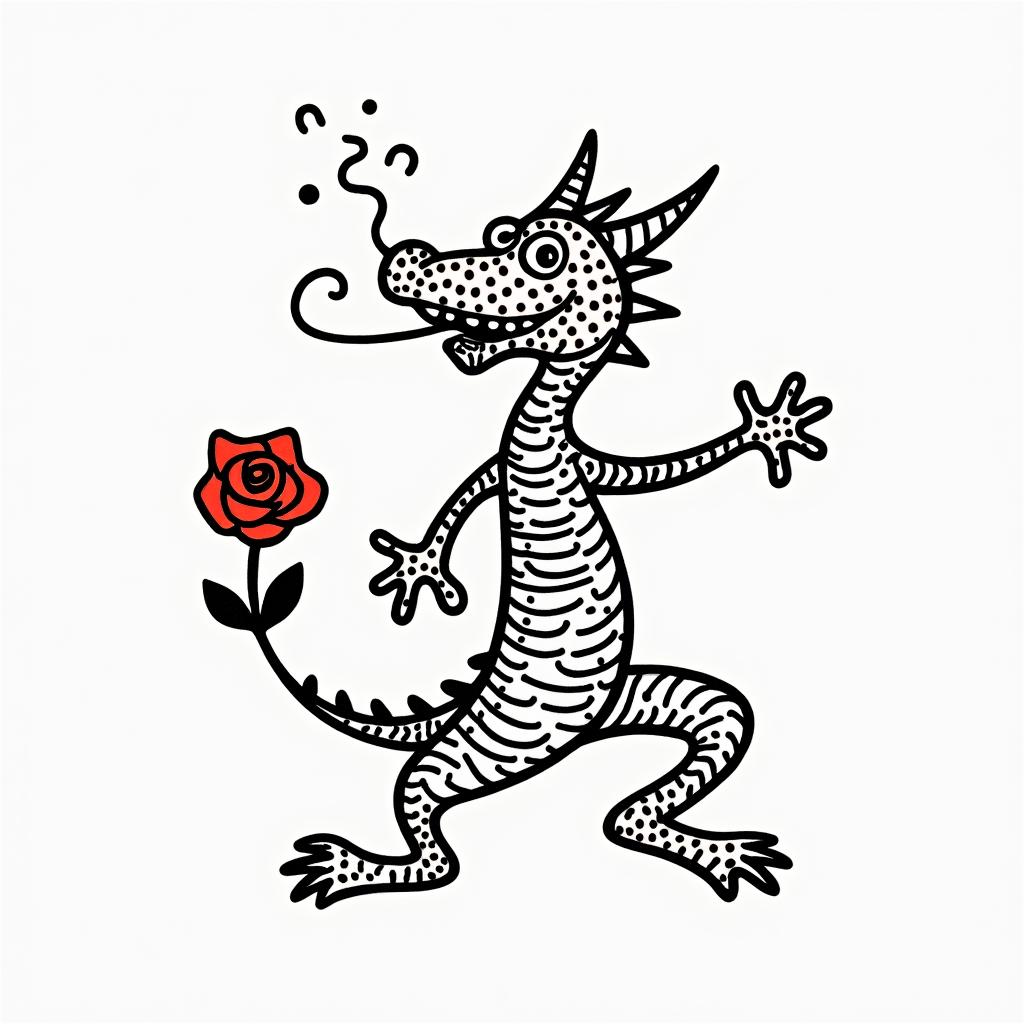 Dragon with a roseabstract dancing figures in Keith Haring style, featuring bold black outlines and solid color fills, figures posed in dynamic and playful dance movements, minimalist design - Variation 1