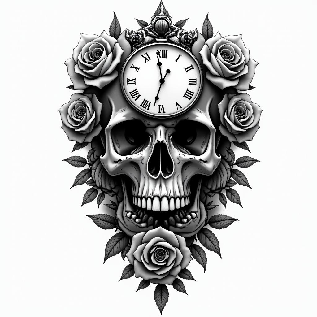 Skull with roses and clock elementsin realism tattoo style, featuring a highly detailed, lifelike, capturing every detail, photorealistic, ultra realistic, intricate shading, smooth and sharp, - Variation 3