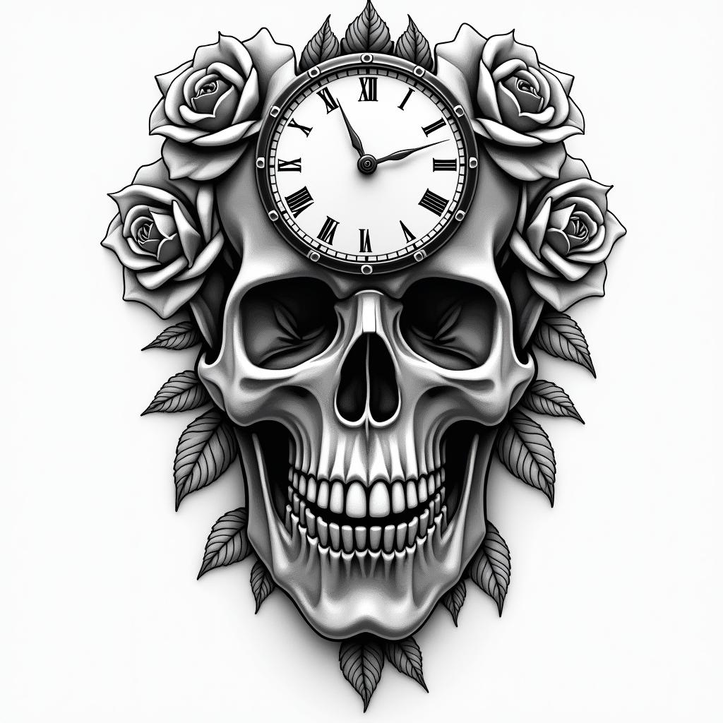 Skull with roses and clock elementsin realism tattoo style, featuring a highly detailed, lifelike, capturing every detail, photorealistic, ultra realistic, intricate shading, smooth and sharp,  