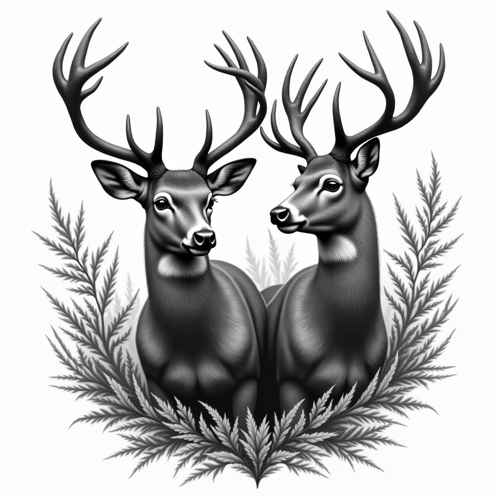 Buck and doe deer in woodsin portrait tattoo style, featuring a highly realistic and detailed depiction  - Variation 2