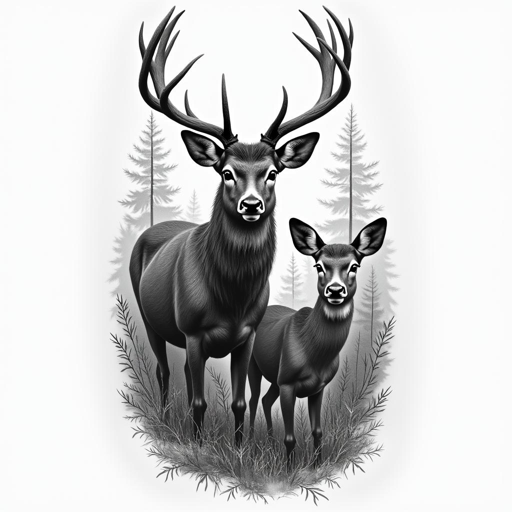 Buck and doe deer in woodsin portrait tattoo style, featuring a highly realistic and detailed depiction  - Variation 3