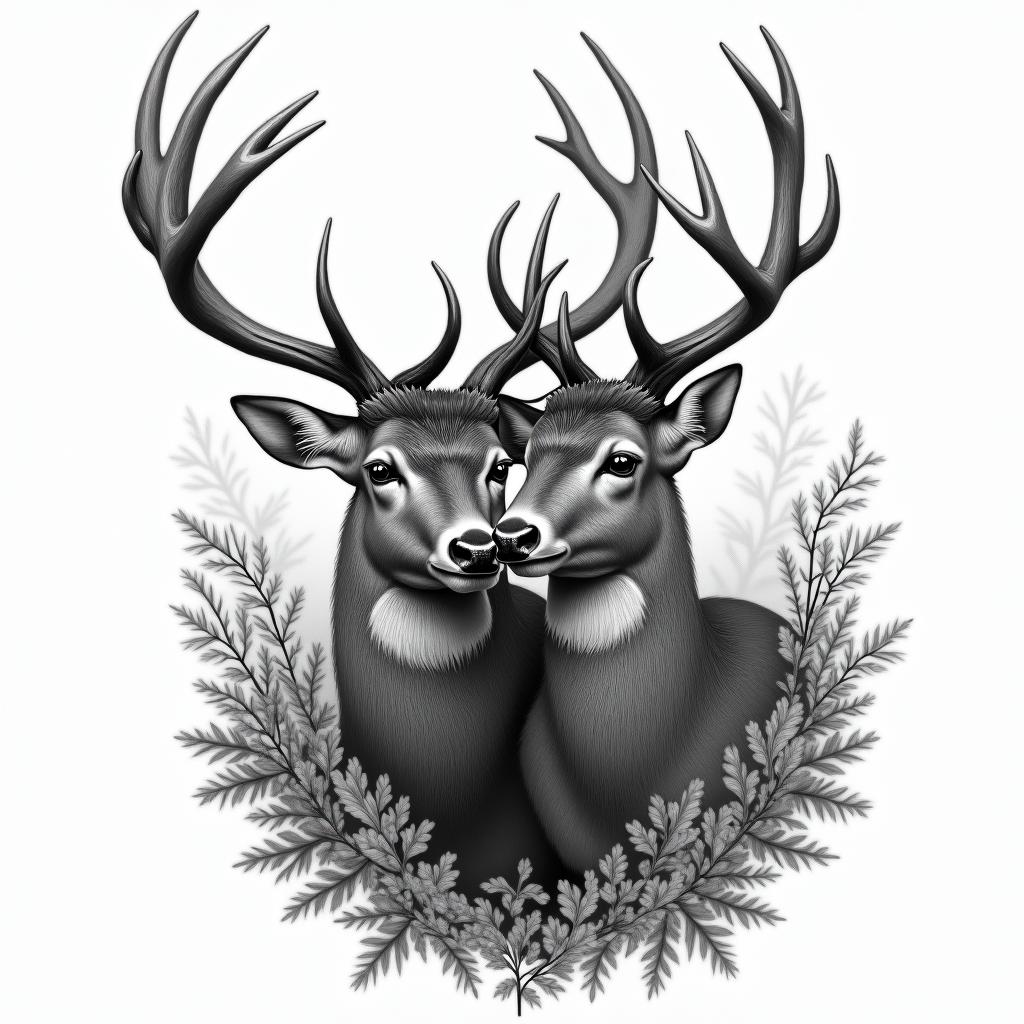 Buck and doe deer in woodsin portrait tattoo style, featuring a highly realistic and detailed depiction  - Variation 4