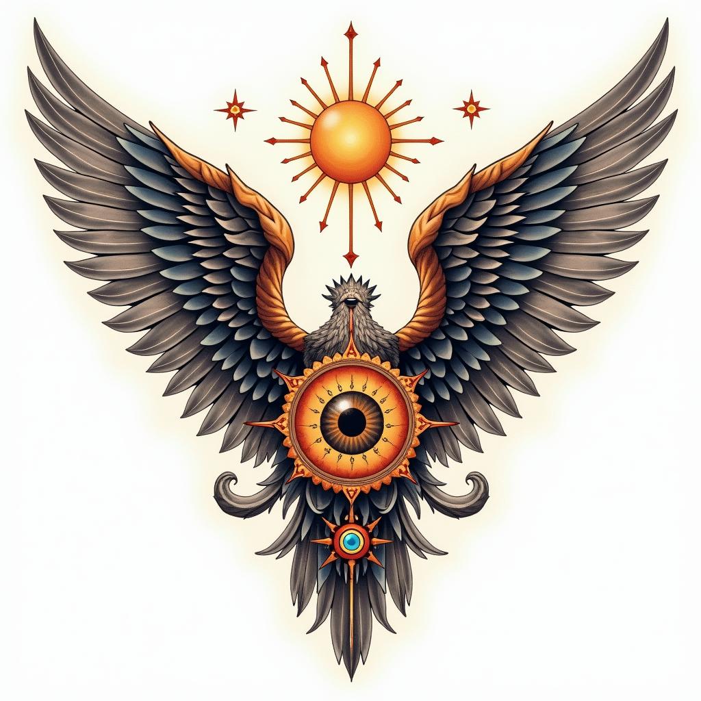 Angel wings with detailed feathersin prophecy tattoo style, featuring mystical symbols, celestial imagery like stars, moons, suns, geometric patterns, foretelling elements, an eye of wisdom - Variation 3