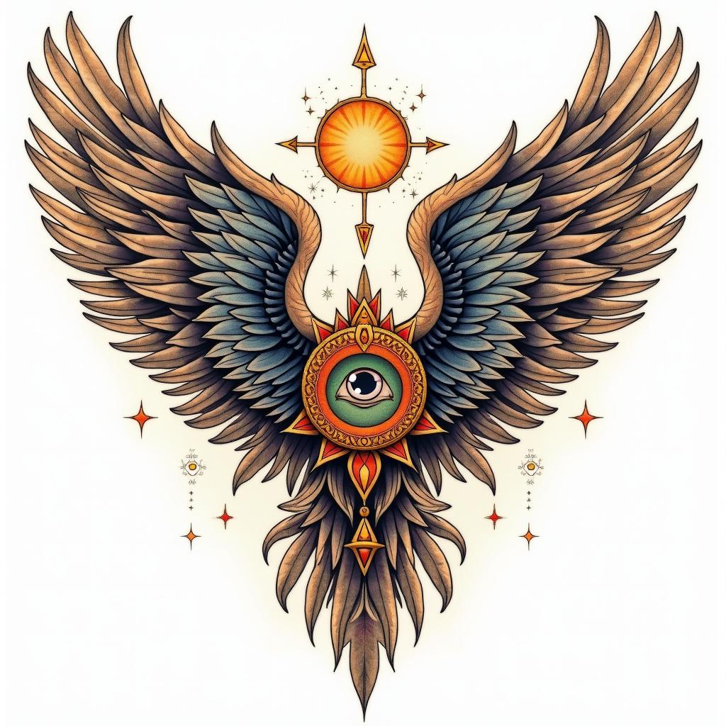 Angel wings with detailed feathersin prophecy tattoo style, featuring mystical symbols, celestial imagery like stars, moons, suns, geometric patterns, foretelling elements, an eye of wisdom - Variation 4