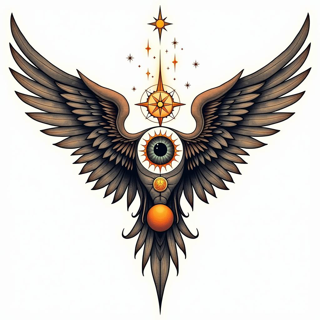 Angel wings with detailed feathersin prophecy tattoo style, featuring mystical symbols, celestial imagery like stars, moons, suns, geometric patterns, foretelling elements, an eye of wisdom