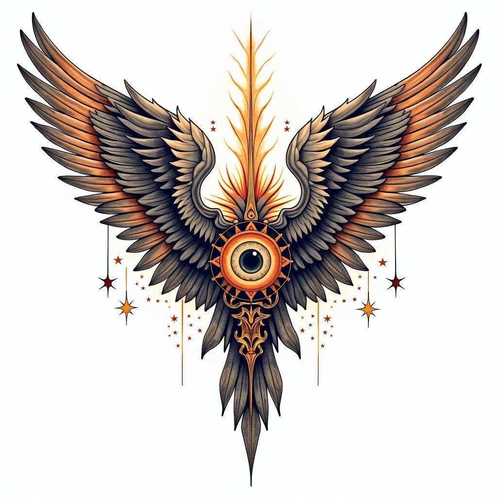 Angel wings with detailed feathersin prophecy tattoo style, featuring mystical symbols, celestial imagery like stars, moons, suns, geometric patterns, foretelling elements, an eye of wisdom - Variation 2
