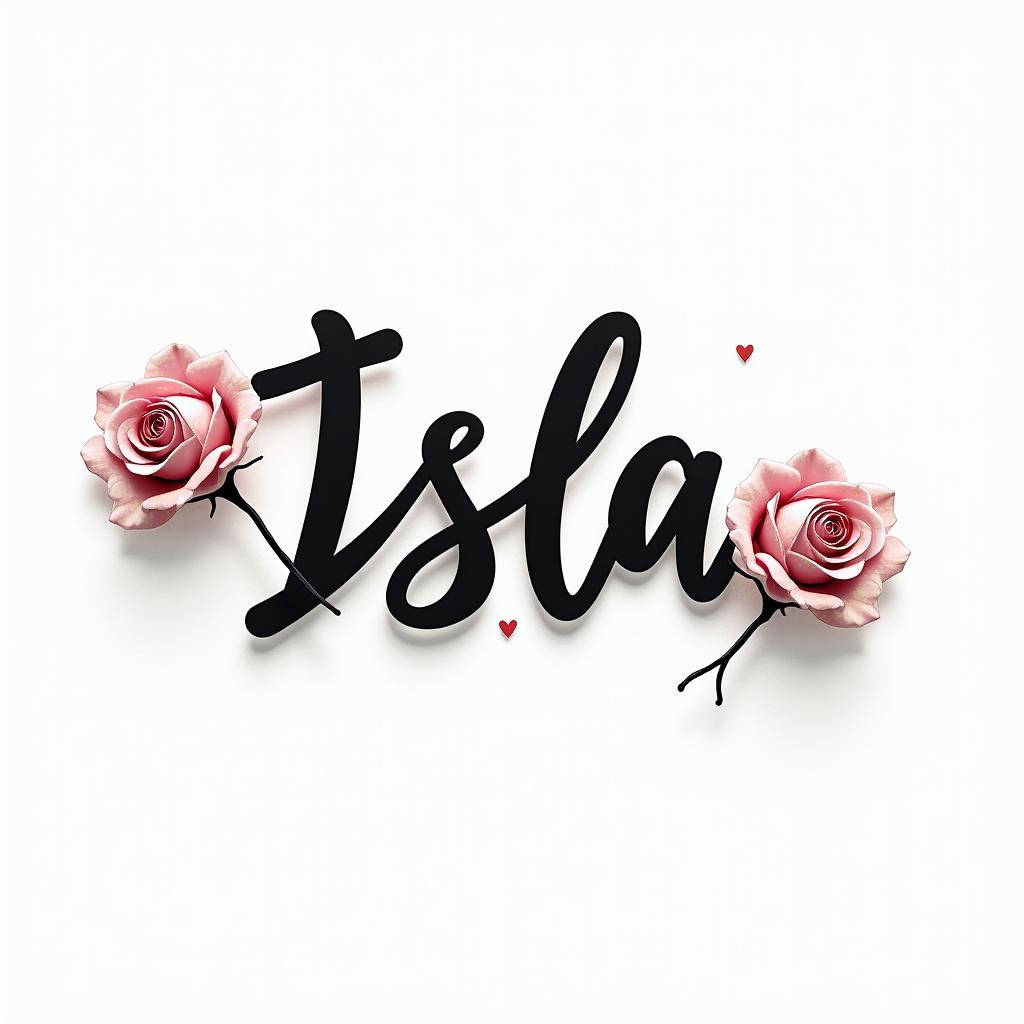 Isla orlain elegant cursive calligraphy style 2d tattoo, decorate with roses, featuring a smooth and flowing handwritten script with slightly thickened strokes for a luxurious and bold appearance,  heart symbol between names,  sleek and glossy black text with shadowing, minimalist matte white background, clean and sharp edges, illuminated with soft lighting, romantic, 8k, high-quality textures with refined typography - Variation 6