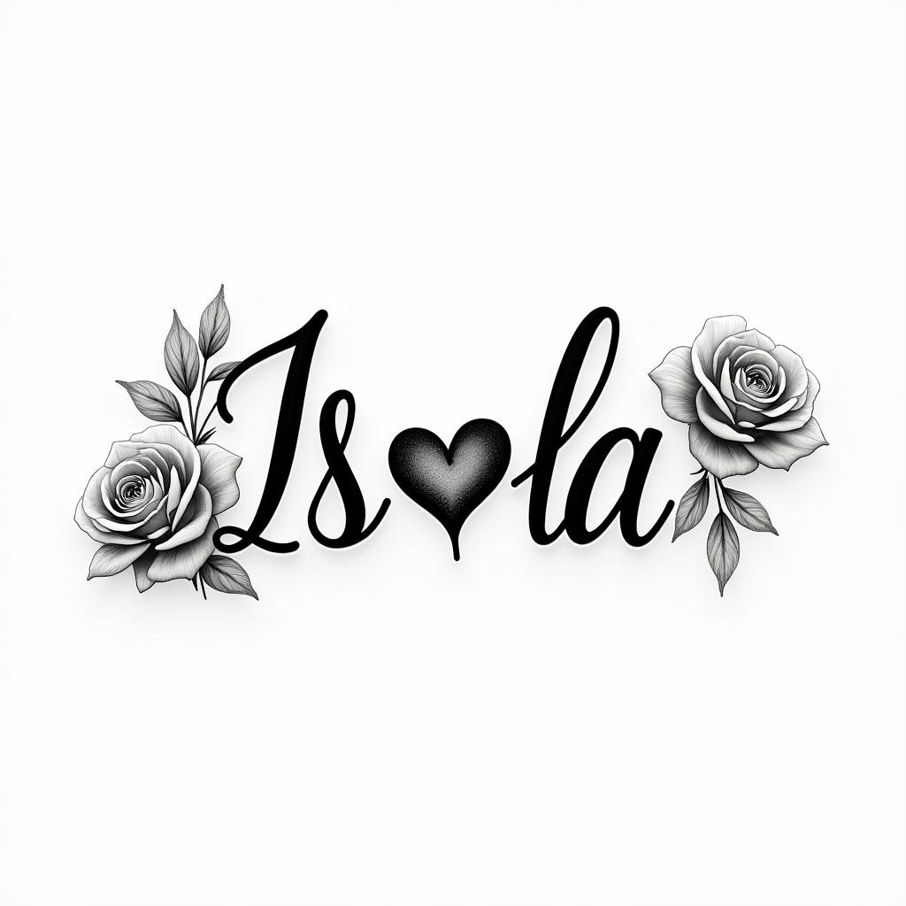 Isla orlain elegant cursive calligraphy style 2d tattoo, decorate with roses, featuring a smooth and flowing handwritten script with slightly thickened strokes for a luxurious and bold appearance,  heart symbol between names,  sleek and glossy black text with shadowing, minimalist matte white background, clean and sharp edges, illuminated with soft lighting, romantic, 8k, high-quality textures with refined typography - Variation 7