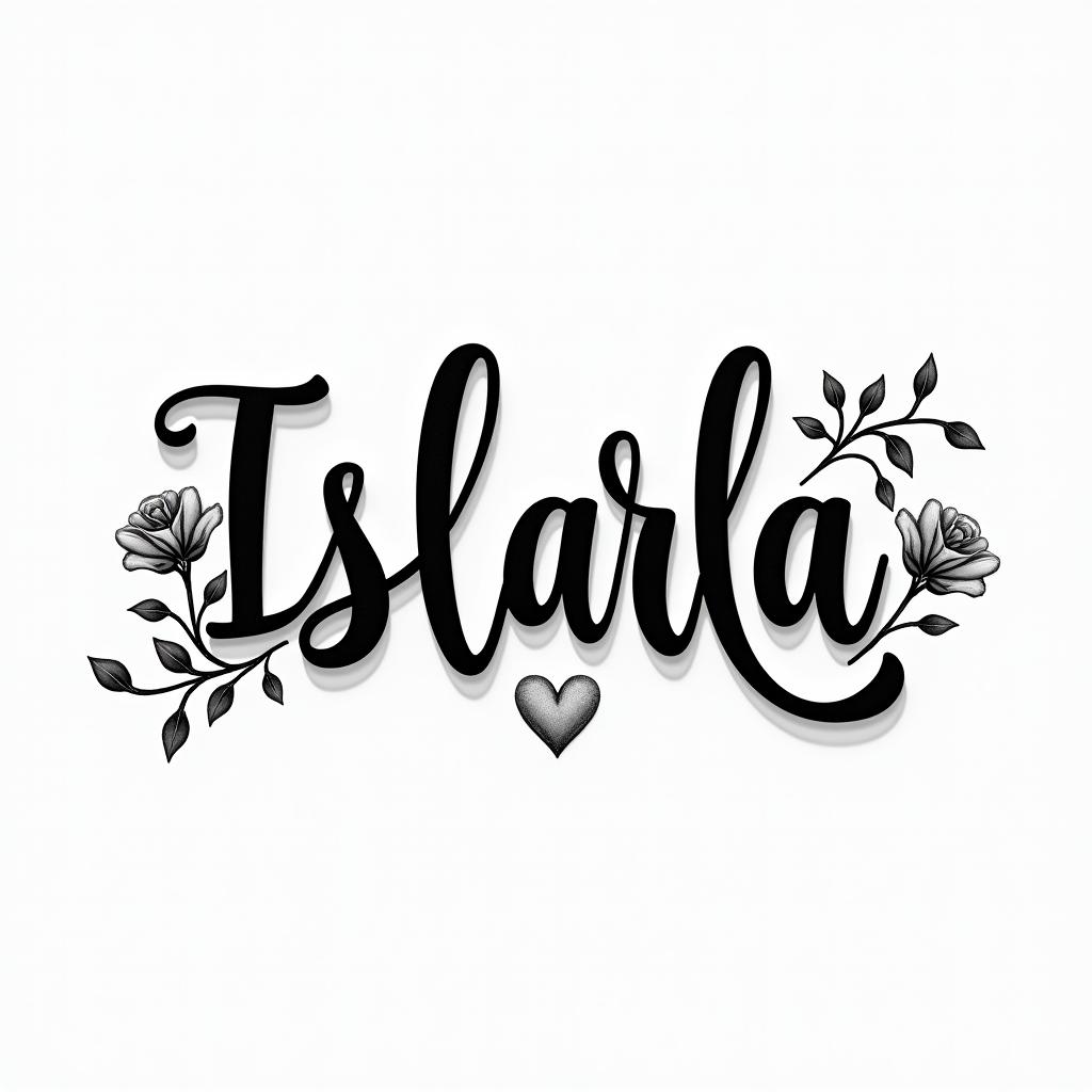 Isla orlain elegant cursive calligraphy style 2d tattoo, decorate with roses, featuring a smooth and flowing handwritten script with slightly thickened strokes for a luxurious and bold appearance,  heart symbol between names,  sleek and glossy black text with shadowing, minimalist matte white background, clean and sharp edges, illuminated with soft lighting, romantic, 8k, high-quality textures with refined typography - Variation 8