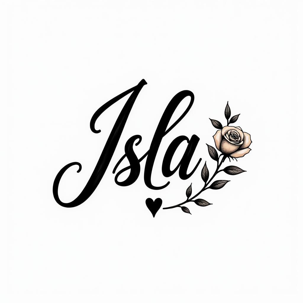 Isla orlain elegant cursive calligraphy style 2d tattoo, decorate with roses, featuring a smooth and flowing handwritten script with slightly thickened strokes for a luxurious and bold appearance,  heart symbol between names,  sleek and glossy black text with shadowing, minimalist matte white background, clean and sharp edges, illuminated with soft lighting, romantic, 8k, high-quality textures with refined typography - Variation 5