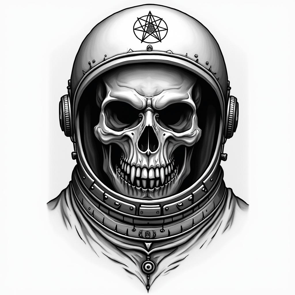 Space skull astronautcreepy horror tattoo style, featuring an eerie and unsettling skull of a demonic creature, distorted face with sharp fangs, add pentagram symbol - Variation 8
