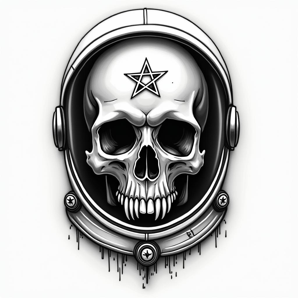 Space skull astronautcreepy horror tattoo style, featuring an eerie and unsettling skull of a demonic creature, distorted face with sharp fangs, add pentagram symbol - Variation 7