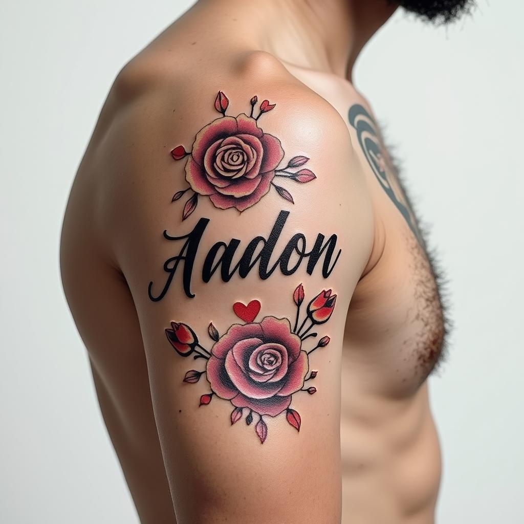 Jason & Amberin elegant cursive calligraphy style 2d tattoo, decorate with roses, featuring a smooth and flowing handwritten script with slightly thickened strokes for a luxurious and bold appearance,  heart symbol between names,  sleek and glossy black text with shadowing, minimalist matte white background, clean and sharp edges, illuminated with soft lighting, romantic, 8k, high-quality textures with refined typography - Variation 2