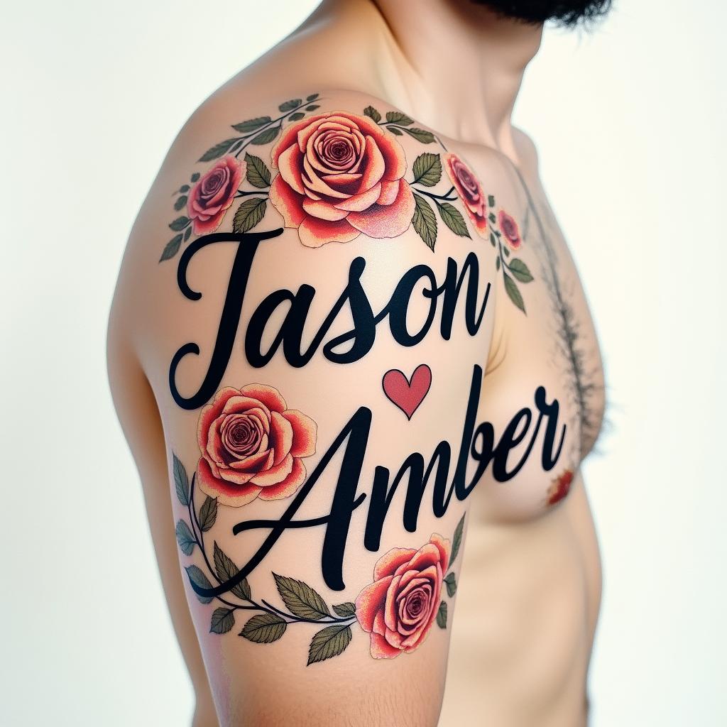 Jason & Amberin elegant cursive calligraphy style 2d tattoo, decorate with roses, featuring a smooth and flowing handwritten script with slightly thickened strokes for a luxurious and bold appearance,  heart symbol between names,  sleek and glossy black text with shadowing, minimalist matte white background, clean and sharp edges, illuminated with soft lighting, romantic, 8k, high-quality textures with refined typography - Variation 3
