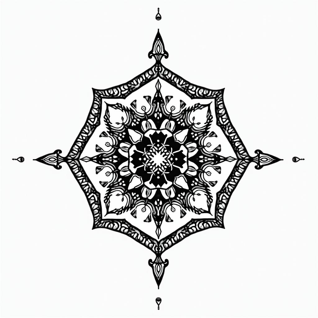 Element waterin dotwork style tattoo, complex mandala patterns, interlocking geometric shapes with sharp symmetry, clean lines, sharp angles - Variation 1