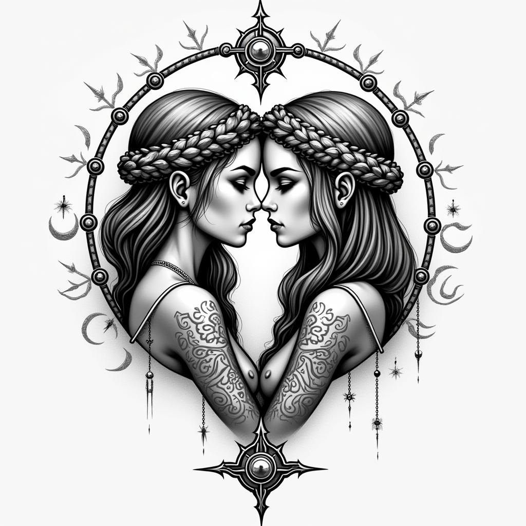 I want to get a tattoo with my sister, we have a very close bond, she chose my name and always looked after me when I was a baby, and to this day I can always count on her, we love each other very much and I always say that she is my soulmate.in paganic style tattoo, featuring ancient symbols, add vegvisir symbol, mystical figures, incorporating designs, pentagrams, runes, crescent moons,