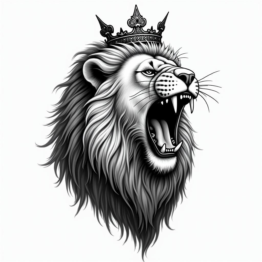 Roaring lion with a flowing mane with a crownin authentic tattoo style, incorporating traditional modifications, bold black outlines, solid color fills, featuring classic authentic elements - Variation 2